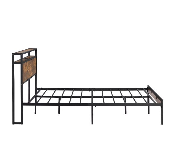 Queen Size Metal Platform Bed Frame with Wooden Headboard, Footboard & USB Charging Ports – Industrial Style, Noise-Free, Under-Bed Storage – Black + Brown