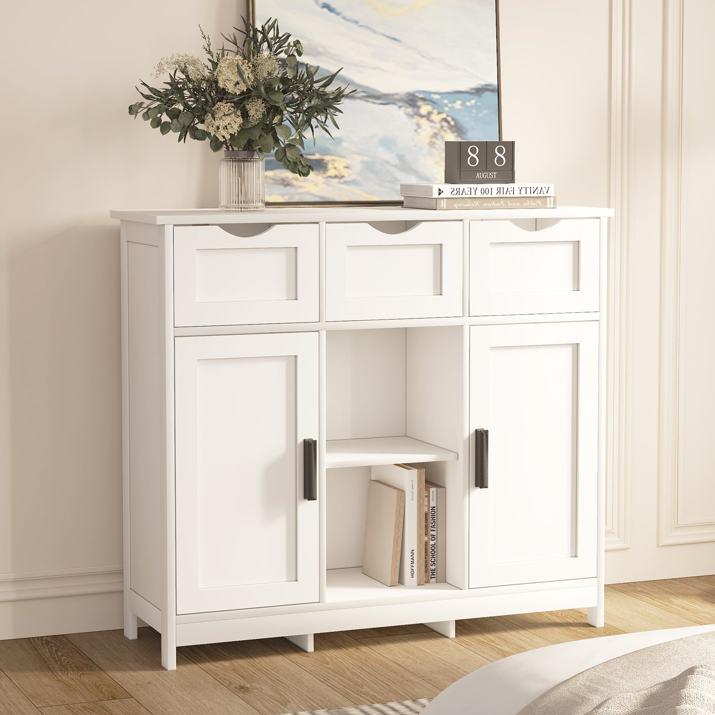 Modern White Storage Cabinet with Adjustable Shelves and Drawers