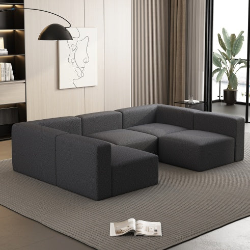 Modular Sectional Sofa Sleeper Couch with Chaise and Ottoman, Convertible U-Shaped Modular Sofa Set, Compressed Sponge, Dark Grey