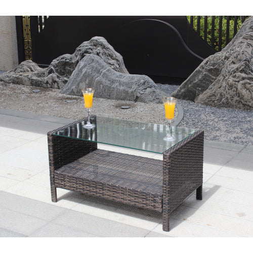 Outdoor Patio Coffee Table with Tempered Glass Top – Brown Wicker