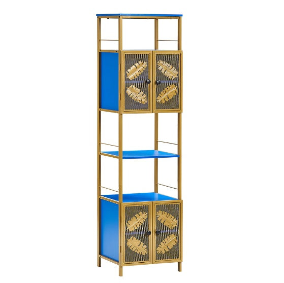 Freestanding Tall Cabinet – Narrow Metal Locker with Open Compartment & Doors (Orange + Gold, 58.8")