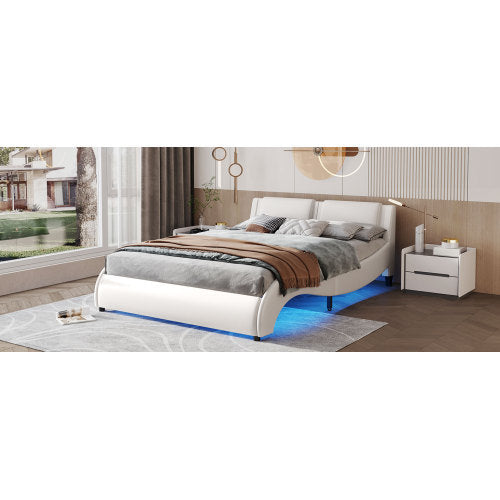 Queen Faux Leather LED Platform Bed – White (Queen Size)