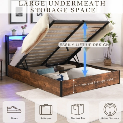 Full Size Lift-Up Platform Bed with LED Headboard, USB Charging, & Hidden Storage – Rustic Brown