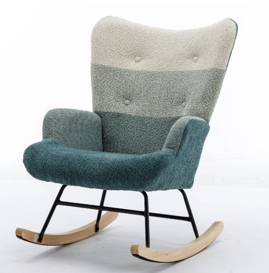 Modern Rocking Armchair with Solid Wood Armrests and Teddy Bear Upholstery for Living Room and Bedroom (Green + Dark Green)