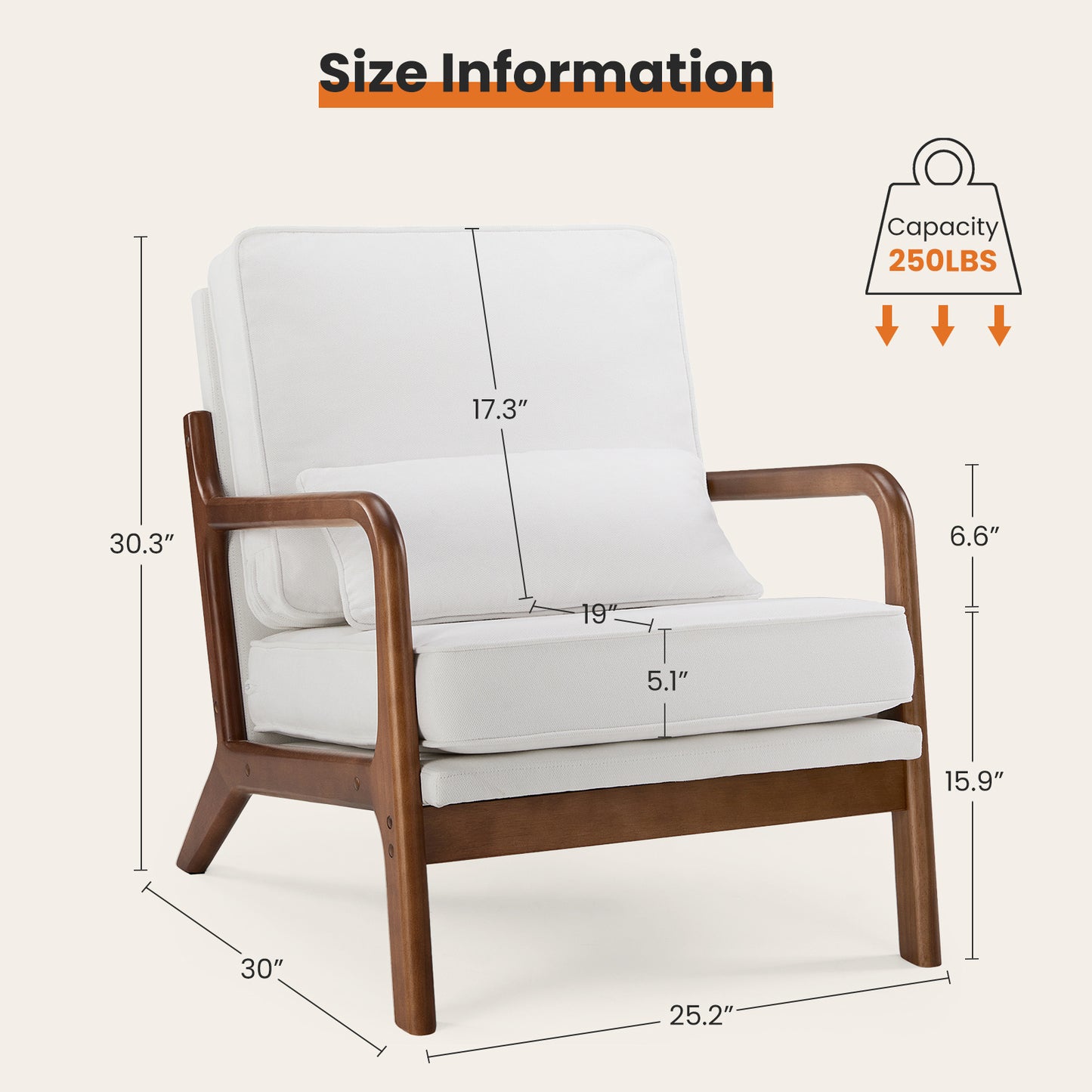 Mid-Century Modern Accent Chair with Lumbar Pillow – Solid Wood Frame, Removable Cushion Covers, Ergonomic Lounge Chair for Living Room, Bedroom, Office – Beige