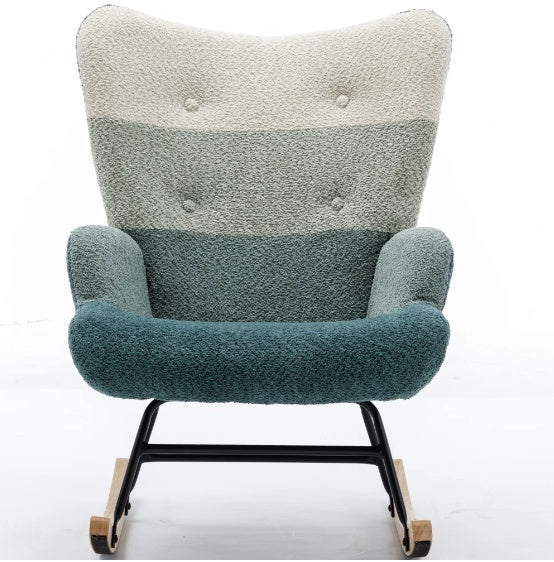 Modern Rocking Armchair with Solid Wood Armrests and Teddy Bear Upholstery for Living Room and Bedroom (Green + Dark Green)
