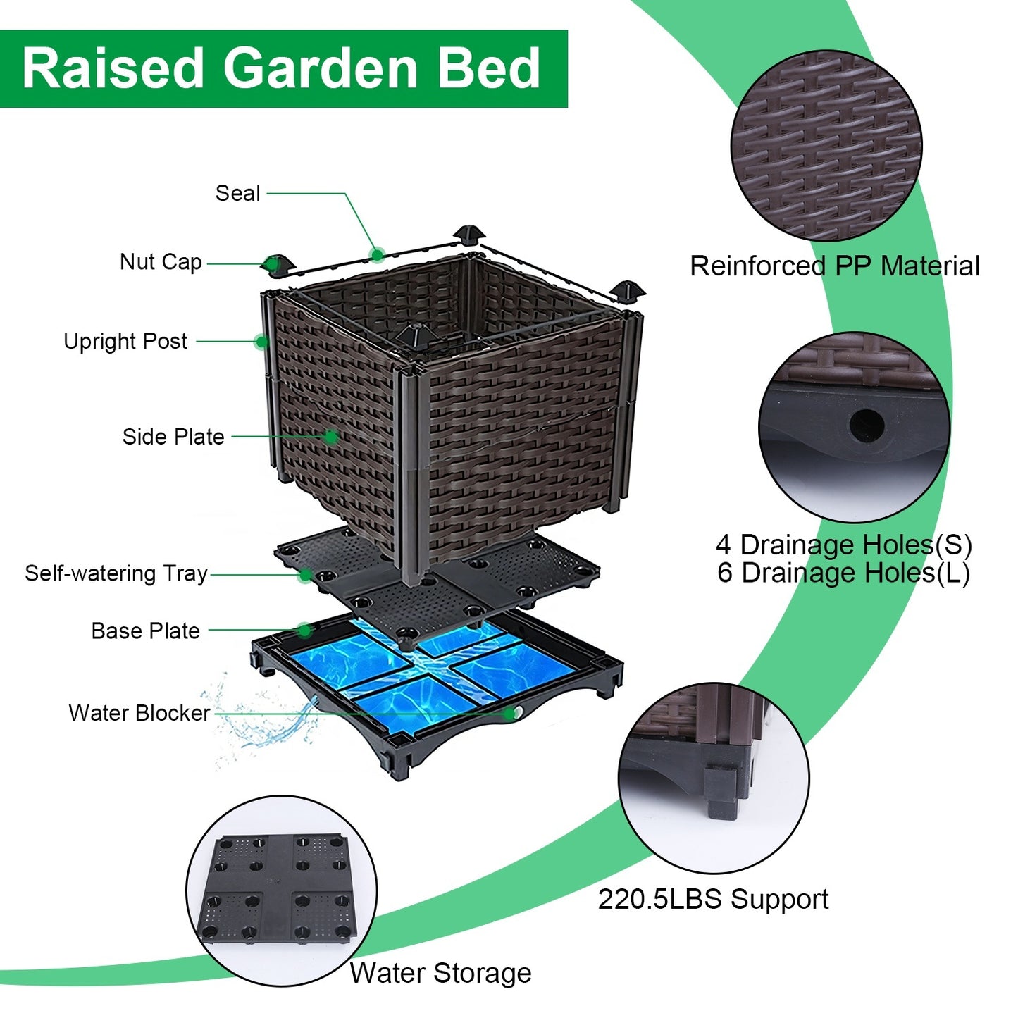 Self-Watering Raised Garden Bed – Rattan Pattern (11.8" x 11.8" x 13.8")