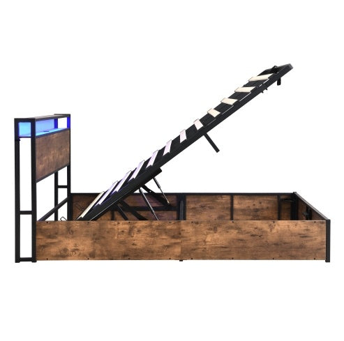 Full Size Lift-Up Platform Bed with LED Headboard, USB Charging, & Hidden Storage – Rustic Brown