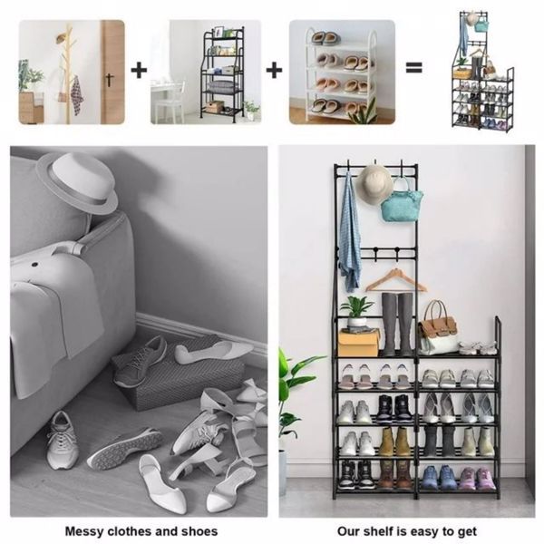 5-Tier Shoe Rack Organizer with Coat Hooks – 20 Pair Capacity, Freestanding Entryway Storage