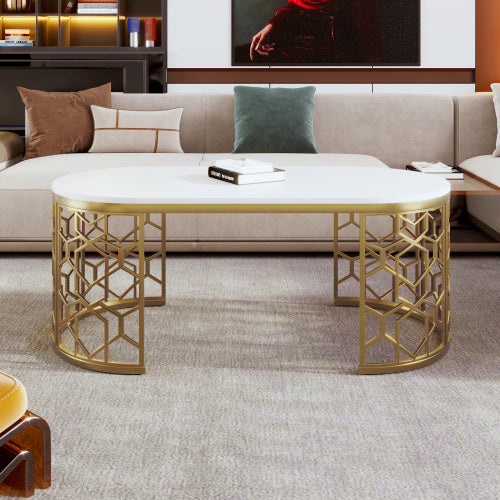 Modern Oval Coffee Table – White Gloss Top with Gold Metal Frame for Living Room
