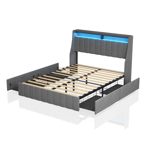Full Size LED Bed Frame with 4 Drawers & Wingback Headboard – Light Grey