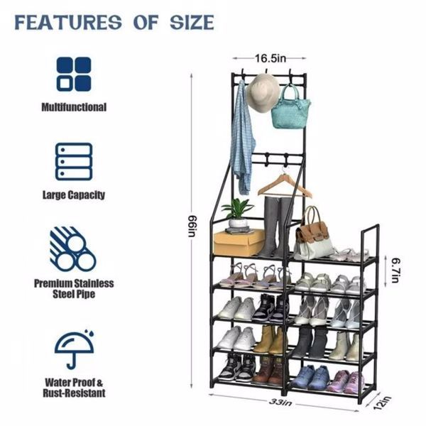5-Tier Shoe Rack Organizer with Coat Hooks – 20 Pair Capacity, Freestanding Entryway Storage