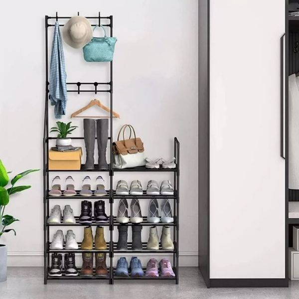 5-Tier Shoe Rack Organizer with Coat Hooks – 20 Pair Capacity, Freestanding Entryway Storage