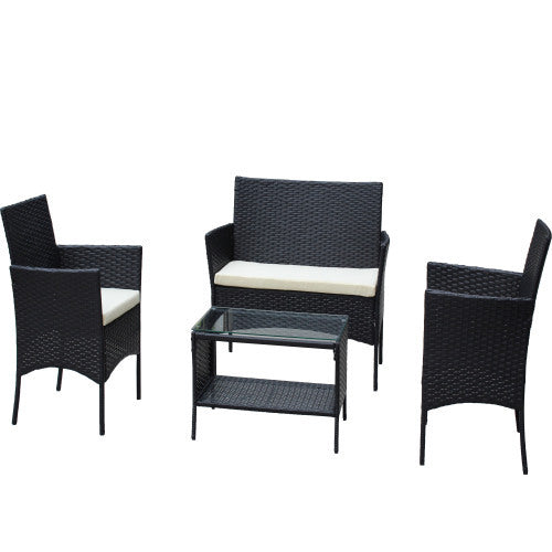 4 PC Rattan Patio Furniture Set – Black Wicker with Beige Cushions