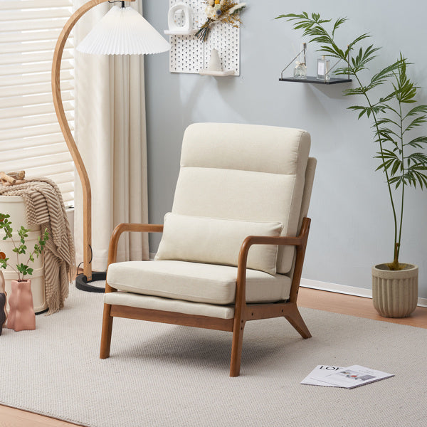 Mid-Century Modern Indoor Lounge Chair – Off-White Linen Armchair with Solid Wood Frame and Iron Accents