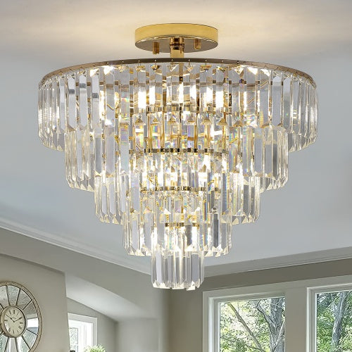 Golden Crystal Chandelier – 5-Layer Round Semi-Recessed Modern Luxury Ceiling Light