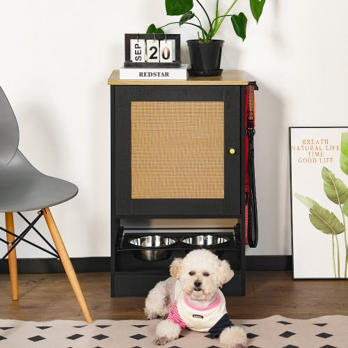 Elevated Pet Feeding Station with Storage Cabinet – Hidden Pull-Out Dog Bowls, Side Hooks, Anti-Tip Kit, Black + Vintage Finish