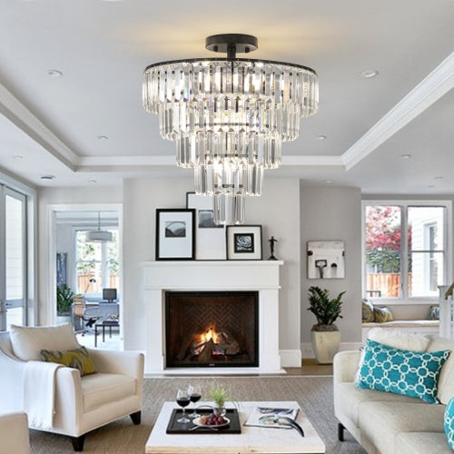 Large Black Crystal Chandelier – Luxury 5-Tier Design | Modern Lighting for Dining Room, Bedroom, or Living Room