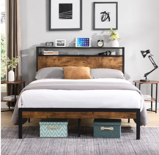 Queen Size Metal Platform Bed Frame with Wooden Headboard, Footboard & USB Charging Ports – Industrial Style, Noise-Free, Under-Bed Storage – Black + Brown