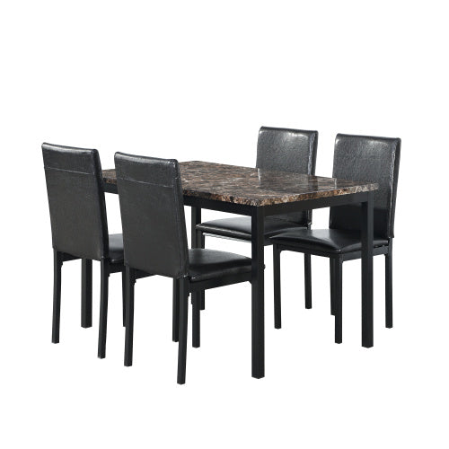 5-Piece Metal Dining Table and Chair Set with Imitation Marble Top – Black: