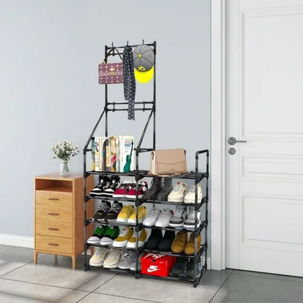 5-Tier Shoe Rack Organizer with Coat Hooks – 20 Pair Capacity, Freestanding Entryway Storage