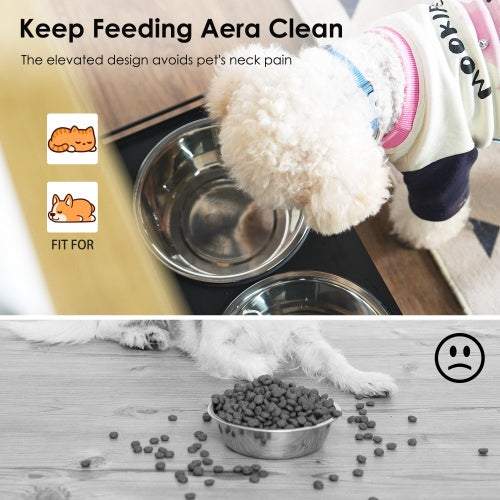 Elevated Pet Feeding Station with Storage Cabinet – Hidden Pull-Out Dog Bowls, Side Hooks, Anti-Tip Kit, Black + Vintage Finish