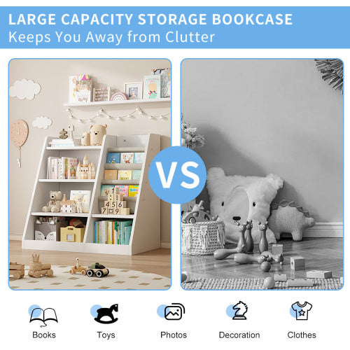White Wooden Toy Storage Organizer Cabinet – 4-Tier Sling Bookshelf for Kids, Toddlers, Nursery & Playroom