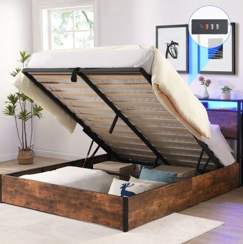 Full Size Lift-Up Platform Bed with LED Headboard, USB Charging, & Hidden Storage – Rustic Brown