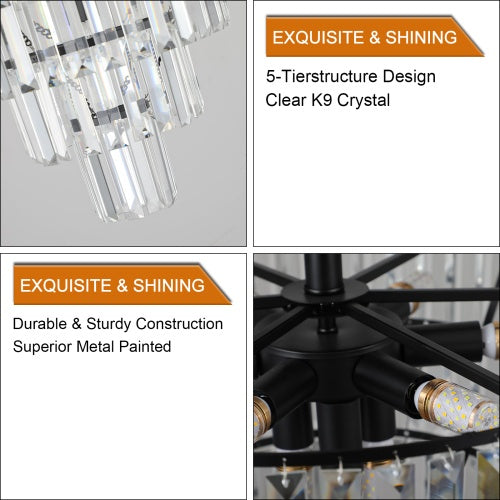 Large Black Crystal Chandelier – Luxury 5-Tier Design | Modern Lighting for Dining Room, Bedroom, or Living Room