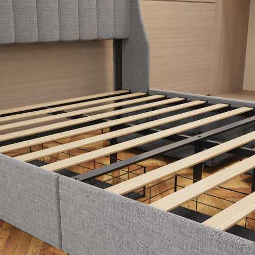 Full Size LED Bed Frame with 4 Drawers & Wingback Headboard – Light Grey