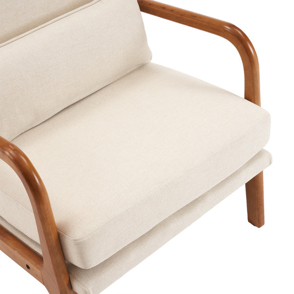 Mid-Century Modern Indoor Lounge Chair – Off-White Linen Armchair with Solid Wood Frame and Iron Accents