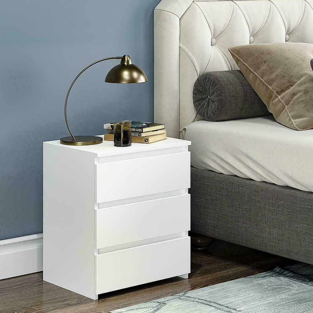 White Modern Bedside Table Nightstand with 3 Storage Drawers - Bedroom Furniture