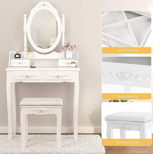 Vanity Table Set with 4 Drawers, Cushioned Stool & Oval Mirror – Elegant Makeup Dressing Table for Girls & Women Bedroom, Jasmine White