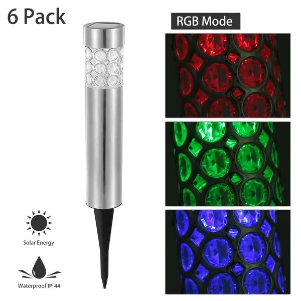 6-Pack Outdoor Solar RGB Garden Lights – Stainless Steel, IP44 Waterproof, Color-Changing Lawn and Landscape Lights