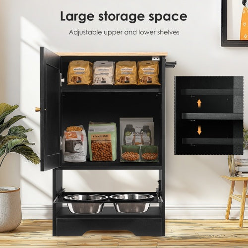 Elevated Pet Feeding Station with Storage Cabinet – Hidden Pull-Out Dog Bowls, Side Hooks, Anti-Tip Kit, Black + Vintage Finish