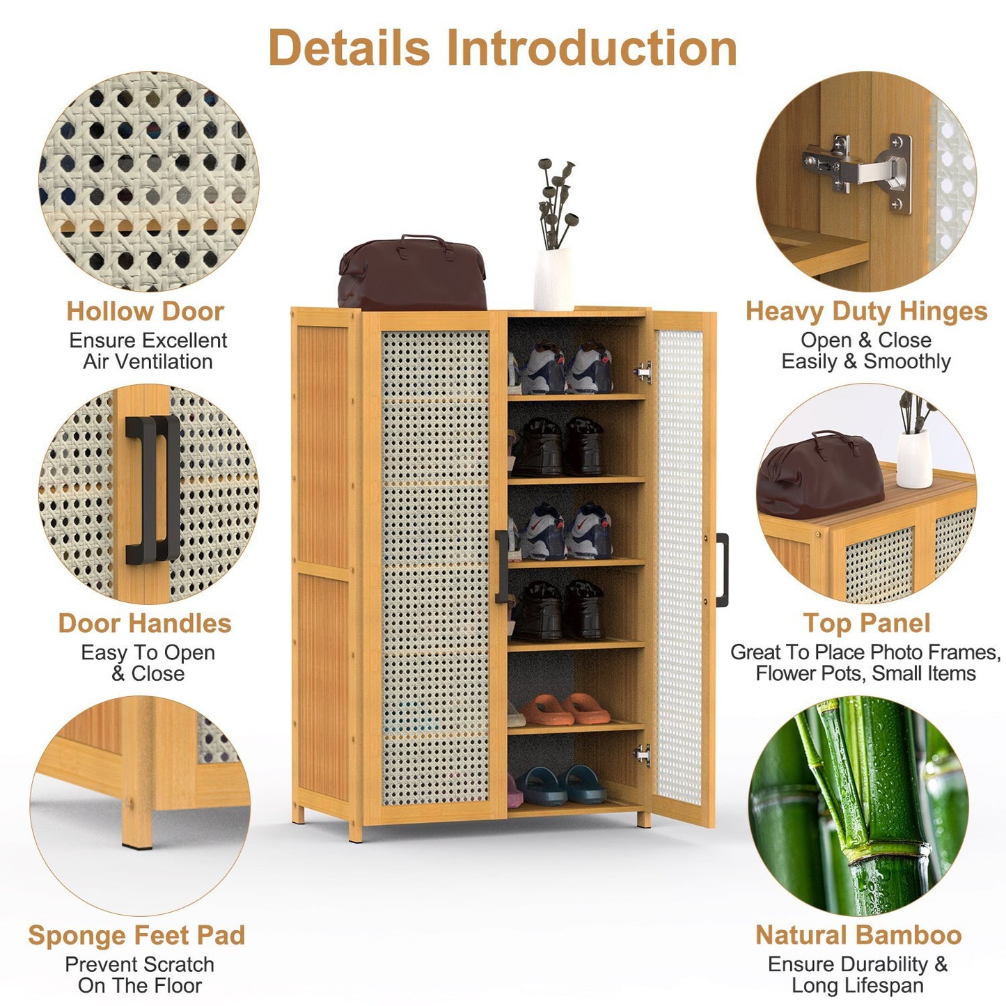 6-Tier Bamboo Shoe Cabinet with Doors – Natural Eco-Friendly Organizer