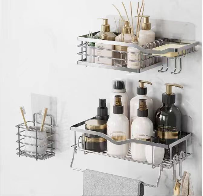 Rustproof SUS304 Stainless Steel Shower Caddy & Soap Dish with Hooks, No Drilling Adhesive Wall Mounted Bathroom Shelf, Shower Organizer Set – 3-Piece Set (White)