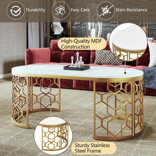 Modern Oval Coffee Table – White Gloss Top with Gold Metal Frame for Living Room