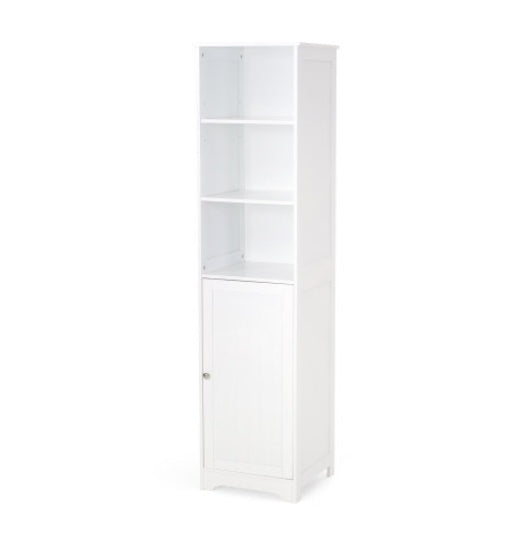 Modern White Bathroom Storage Cabinet – Tall Linen Tower with Open Shelves & Enclosed Storage, Compact Design (63")
