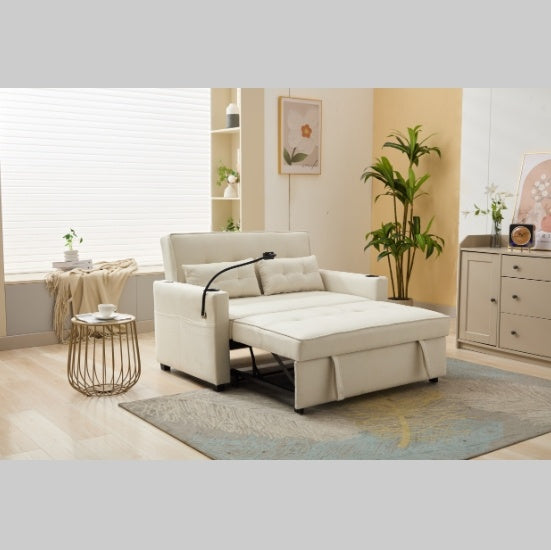 Futon Chair Bed – 3-in-1 Convertible Sleeper with USB Ports, Cup Holders & Storage Pockets – White, Wear-Resistant Leather