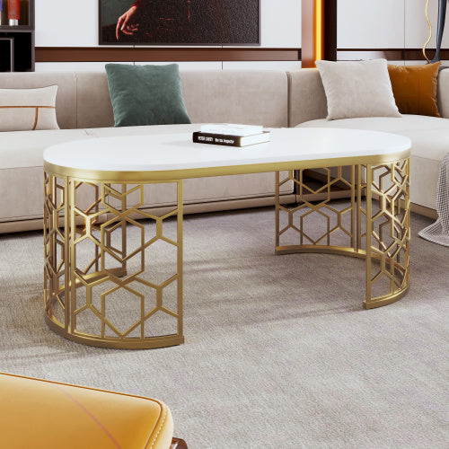 Modern Oval Coffee Table – White Gloss Top with Gold Metal Frame for Living Room