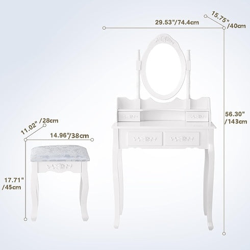 Vanity Table Set with 4 Drawers, Cushioned Stool & Oval Mirror – Elegant Makeup Dressing Table for Girls & Women Bedroom, Jasmine White