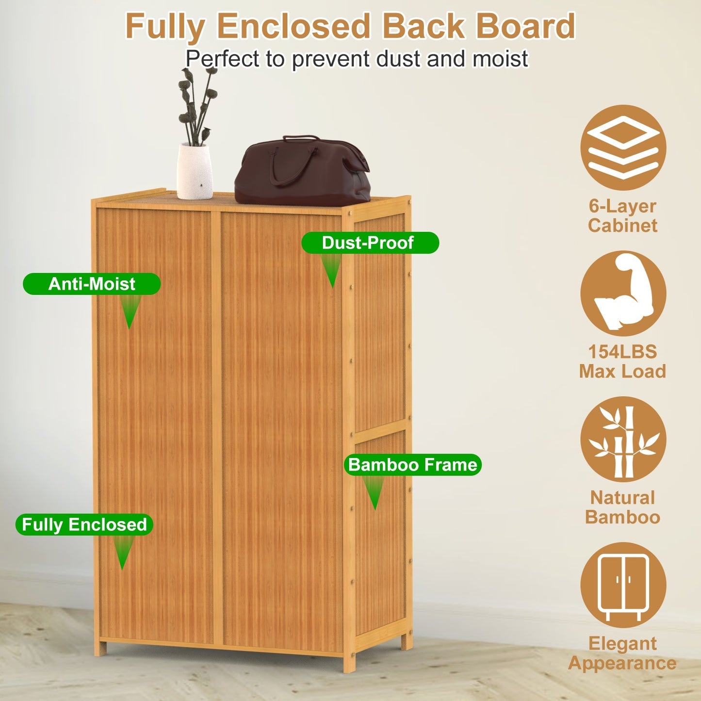 6-Tier Bamboo Shoe Cabinet with Doors – Natural Eco-Friendly Organizer