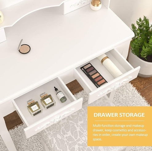Vanity Table Set with 4 Drawers, Cushioned Stool & Oval Mirror – Elegant Makeup Dressing Table for Girls & Women Bedroom, Jasmine White