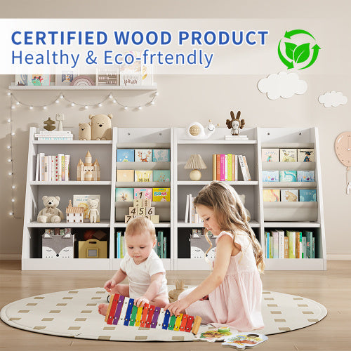 White Wooden Toy Storage Organizer Cabinet – 4-Tier Sling Bookshelf for Kids, Toddlers, Nursery & Playroom