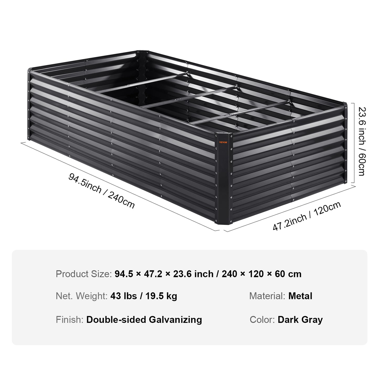 94.5" Galvanized Metal Raised Garden Bed with Complete Planting Kit – Dark Gray