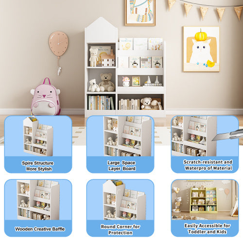 White Wooden Toy Storage Organizer Cabinet – 4-Tier Sling Bookshelf for Kids, Toddlers, Nursery & Playroom