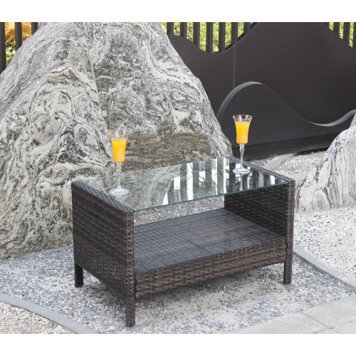 Outdoor Patio Coffee Table with Tempered Glass Top – Brown Wicker