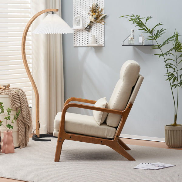 Mid-Century Modern Indoor Lounge Chair – Off-White Linen Armchair with Solid Wood Frame and Iron Accents
