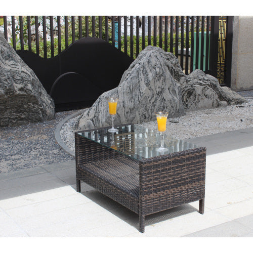 Outdoor Patio Coffee Table with Tempered Glass Top – Brown Wicker